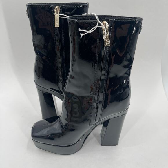 Guess Byra Boots SZ 5 Zipper Block Heel NEW Platform Booties Black Patent NWOT - Picture 13 of 16